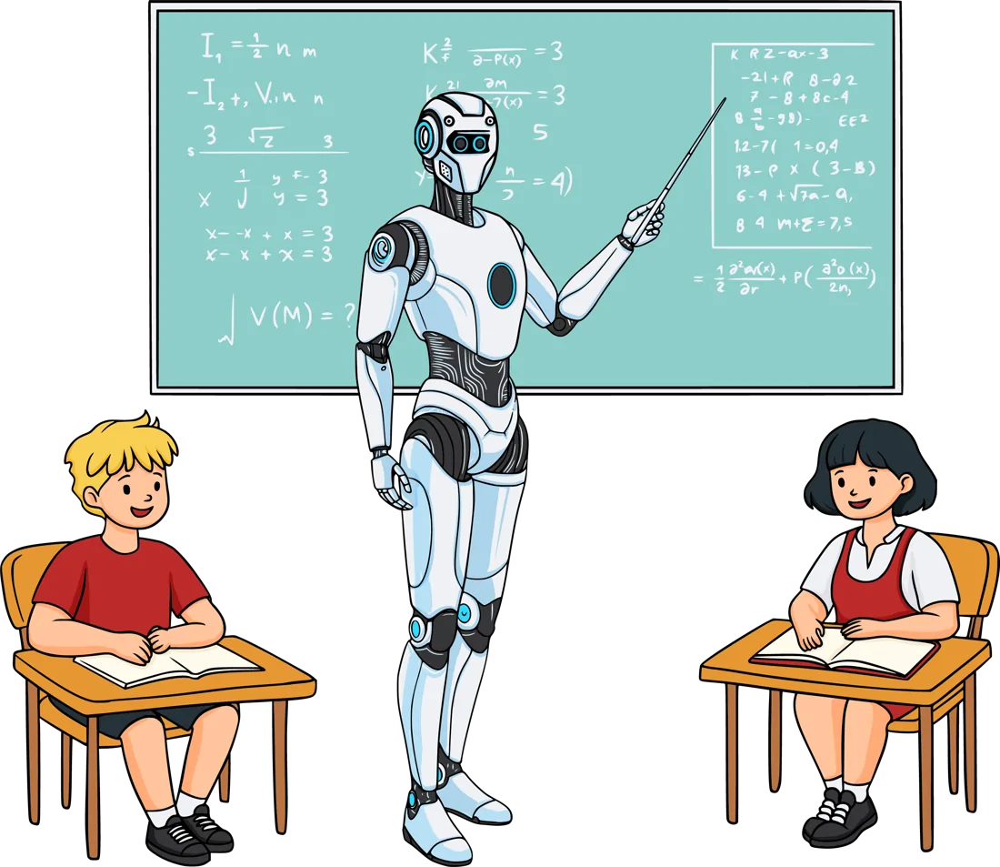 Robo the robot teacher pointing at a chalkboard while two kids sit at their desks with open books